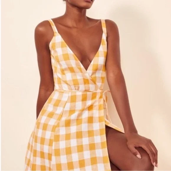 REFORMATION yellow gingham wrap sleeveless dress Beverly in Jeune Medium - Picture 2 of 6